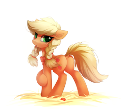 Size: 2139x1919 | Tagged: safe, artist:breakdream, character:applejack, species:earth pony, species:pony, alternate hairstyle, applebutt, braid, cute, dock, female, freckles, hatless, jackabetes, looking back, mare, missing accessory, mouth hold, plot, simple background, solo, twin braids