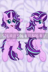 Size: 2000x3000 | Tagged: safe, artist:sol-r, character:starlight glimmer, species:pony, species:unicorn, belly button, body pillow, chest fluff, dock, featureless crotch, female, floppy ears, heart eyes, looking at you, looking back, mare, obtrusive watermark, open mouth, smiling, solo, underhoof, watermark, wingding eyes