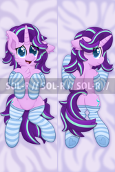 Size: 2000x3000 | Tagged: safe, alternate version, artist:sol-r, character:starlight glimmer, species:pony, species:unicorn, belly button, body pillow, chest fluff, clothing, dock, featureless crotch, female, floppy ears, heart eyes, looking at you, looking back, mare, obtrusive watermark, open mouth, plot, smiling, socks, solo, striped socks, watermark, wingding eyes