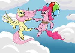Size: 2912x2059 | Tagged: safe, artist:lizardwithhat, character:fluttershy, character:pinkie pie, character:rainbow dash, character:twilight sparkle, species:earth pony, species:pegasus, species:pony, balloon, cloud, cute, dancing, female, floating, flying, gradient background, happy, hiding, holding hooves, implied shipping, mare, pink coat, pink hair, spread wings, then watch her balloons lift her up to the sky, unshorn fetlocks, wings, yellow coat