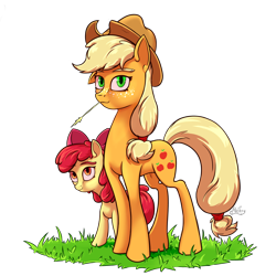 Size: 1900x1900 | Tagged: safe, artist:hc0, character:apple bloom, character:applejack, species:earth pony, species:pony, apple sisters, applejack's hat, clothing, cowboy hat, female, grass, hat, simple background, sisters, stetson, straw in mouth, transparent background