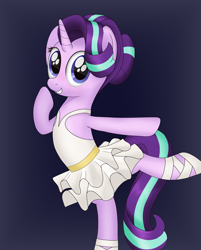 Size: 1489x1848 | Tagged: safe, artist:noosa, character:starlight glimmer, species:pony, species:unicorn, alternate hairstyle, ballerina, ballet, ballet slippers, blushing, clothing, cute, female, glimmerbetes, glimmerina, grin, hair bun, mare, raised hoof, shoes, simple background, skirt, smiling, solo, standing, standing on one leg, tutu