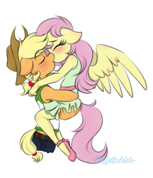 Size: 975x1131 | Tagged: safe, artist:tylerdashart, character:applejack, character:fluttershy, species:anthro, species:earth pony, species:pegasus, species:pony, ship:appleshy, applejack's hat, blushing, carrying, clothing, cowboy hat, dress, eyes closed, female, floppy ears, freckles, hat, hug, kissing, lesbian, midriff, shipping, shirt, shoes, short shirt, simple background, skirt, stetson, white background