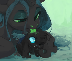 Size: 2351x1999 | Tagged: safe, artist:graypillow, character:queen chrysalis, species:changeling, annoyed, behaving like a cat, catling, changeling queen, cheek fluff, cleaning, cute, cutealis, cuteling, fangs, female, fluffy, frown, green tongue, licking, lidded eyes, looking up, mommy chrissy, motherly love, one eye closed, prone, sitting, tongue out, weapons-grade cute, wink