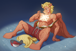 Size: 3055x2036 | Tagged: safe, artist:ponyanony, part of a set, oc, oc only, oc:flex, species:anthro, species:unguligrade anthro, armpits, burning, clothing, magic, male, part of a series, pecs, shorts, solo