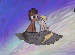 Size: 2124x1561 | Tagged: safe, artist:inky-draws, character:derpy hooves, character:doctor whooves, character:time turner, species:pony, ship:doctorderpy, 2013, female, floating island, looking at each other, male, shipping, sitting, straight