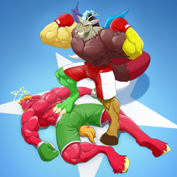 Size: 2123x2123 | Tagged: safe, artist:ponyanony, character:big mcintosh, character:discord, species:anthro, species:unguligrade anthro, boxing, deltscord, duo, duo male, great macintosh, male, muscles, sports, unconscious