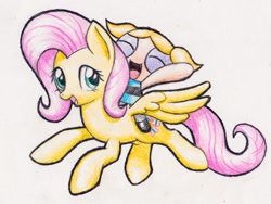 Size: 1757x1318 | Tagged: safe, artist:michiito, character:fluttershy, species:pegasus, species:pony, bubbles (powerpuff girls), cute, eyes closed, female, mare, open mouth, shyabetes, the powerpuff girls, traditional art
