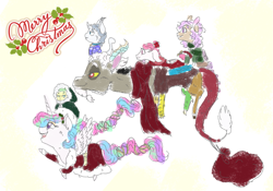 Size: 2189x1528 | Tagged: safe, artist:miyathegoldenflower, character:discord, character:princess celestia, oc, oc:dionysus, oc:graine, oc:persephone, oc:uller, parent:discord, parent:princess celestia, parents:dislestia, species:alicorn, species:draconequus, species:pony, ship:dislestia, alicorn oc, braid, braided tail, clothing, coat, draconequus oc, dress, family, female, flying, holly, hybrid, interspecies offspring, male, mare, merry christmas, offspring, scarf, shipping, straight