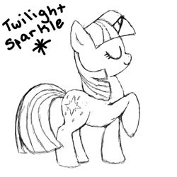 Size: 1080x1080 | Tagged: safe, artist:sugar-plum, character:twilight sparkle, species:pony, species:unicorn, eyes closed, female, mare, monochrome, profile, raised hoof, smiling, solo