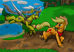 Size: 2912x2059 | Tagged: safe, artist:lizardwithhat, character:applejack, oc, oc:sky diver, species:earth pony, species:pegasus, species:pony, amputee, applejack's hat, augmented, bandana, blonde, blue hair, clothing, cowboy hat, cute, detailed background, duo, duo female, female, grass, green eyes, happy, hat, lake, mare, orange coat, prosthetic limb, prosthetic wing, prosthetics, road, running, unshorn fetlocks, yellow coat