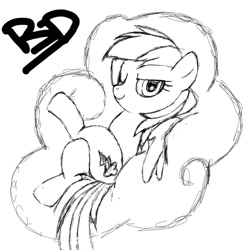 Size: 1080x1080 | Tagged: safe, artist:sugar-plum, character:rainbow dash, species:pegasus, species:pony, cloud, female, mare, monochrome, on back, one eye closed, smiling, solo