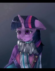 Size: 1024x1336 | Tagged: safe, artist:riukime, character:twilight sparkle, character:twilight sparkle (alicorn), species:alicorn, species:pony, episode:school daze, g4, my little pony: friendship is magic, clothing, crying, female, floppy ears, jester dress, jester outfit, ruff (clothing), signature, solo