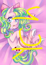 Size: 1280x1811 | Tagged: safe, artist:yamikonek0, oc, oc only, oc:candy mena, species:pony, christmas, christmas stocking, clothing, cute, heart eyes, holiday, innocent, lying down, pink, socks, solo, striped socks, sweet, wingding eyes