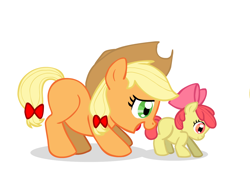 Size: 1364x1038 | Tagged: safe, artist:sugar-plum, character:apple bloom, character:applejack, species:earth pony, species:pony, bow, duo, duo female, encouragement, female, filly, foal, hair bow, simple background, tail bow, teenager, white background
