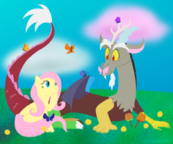 Size: 1200x1000 | Tagged: safe, artist:enigmadoodles, character:discord, character:fluttershy, species:draconequus, species:pegasus, species:pony, apple, butterfly, butterfly on nose, candy apple (food), covering mouth, cute, discute, duo, female, flower, folded wings, food, friendshipping, grass, insect on nose, looking at something, male, mare, outdoors, prone, shyabetes, sitting, smiling, wings