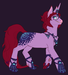 Size: 1131x1248 | Tagged: safe, artist:jayrockin, oc, oc only, species:pony, species:unicorn, bracelet, chest fluff, dark background, fangs, female, finger hooves, fluffy, freckles, glasses, grin, hoof fluff, horn jewelry, horn ring, jewelry, looking up, mare, neck fluff, necklace, purple background, raised hoof, simple background, slit eyes, smiling, solo, tiny sapient ungulates