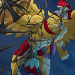 Size: 1418x1418 | Tagged: safe, artist:ponyanony, character:flash magnus, character:pony of shadows, species:anthro, species:pegasus, species:pony, armpits, bondage, clothing, entangled, fist, goo, male, muscles, netitus, partial nudity, shield, solo, symbiote, tendrils, topless