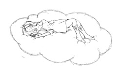 Size: 1024x610 | Tagged: safe, artist:sugar-plum, character:fluttershy, species:human, clothing, cloud, cutie mark clothes, dress, female, humanized, monochrome, on back, sleeping, socks, solo