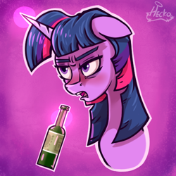 Size: 500x500 | Tagged: safe, artist:hc0, character:twilight sparkle, species:pony, alcohol, beer, beer bottle, bust, drunk, drunk twilight, female, glowing horn, grumpy, grumpy twilight, magic, portrait, solo