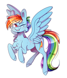 Size: 1729x2000 | Tagged: safe, artist:soundwavepie, character:rainbow dash, species:pegasus, species:pony, backwards cutie mark, female, mare, one eye closed, simple background, smiling, solo, spread wings, transparent background, wings, wink