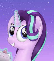 Size: 993x1120 | Tagged: safe, artist:noosa, character:starlight glimmer, species:pony, species:unicorn, female, grin, holiday, looking at you, magic, mare, simple background, smiling, solo, stars, valentine, valentine's day, valentines day card