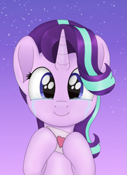 Size: 993x1363 | Tagged: safe, artist:noosa, character:starlight glimmer, species:pony, species:unicorn, bipedal, crying, cute, female, glimmerbetes, happy, holiday, hoof hold, looking at you, magic, mare, simple background, smiling, solo, stars, tears of joy, valentine, valentine's day, valentines day card