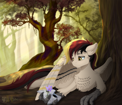 Size: 3000x2571 | Tagged: safe, artist:wildviolet-m, oc, oc only, oc:silent flight, species:pony, big wings, chest fluff, commission, crepuscular rays, flower, forest, male, mask, solo, sunlight, tree, wings
