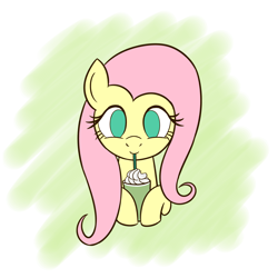 Size: 2000x2000 | Tagged: safe, artist:sazanamibd, character:fluttershy, species:pegasus, species:pony, cute, drinking, drinking straw, female, food, green tea, high res, looking at you, shyabetes, solo, straw, tea, whipped cream