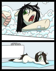 Size: 1577x2000 | Tagged: safe, artist:senaelik, oc, oc only, oc:floor bored, species:earth pony, species:human, species:pony, adorable distress, alternate hair color, bath, bathroom, bathtub, bubble, bubble bath, cute, dirty, female, floppy ears, forced bathing, frown, hair over one eye, hand, looking at you, looking up, mare, prone, soap, solo focus, towel, underhoof, washing, wet mane, white coat, wide eyes