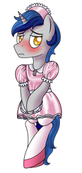 Size: 500x1050 | Tagged: safe, artist:cappie, oc, oc only, oc:cappie, species:pony, species:unicorn, blushing, body pillow, body pillow design, clothing, crossdressing, dress, forced feminization, maid, maid headdress, male, satin, shiny, shoes, silk, simple background, sissy, skirt, socks, solo, stallion, stockings, thigh highs, transparent background, uniform