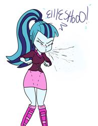 Size: 789x1012 | Tagged: safe, artist:anyponedrawn, character:sonata dusk, my little pony:equestria girls, blushing, boots, breasts, cleavage, clothing, cute, female, miniskirt, mucus, nostrils, ponytail, shoes, skirt, sneeze cloud, sneeze spray, sneezing, socks, spit, spray
