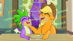 Size: 1024x576 | Tagged: safe, artist:bellbell123, character:applejack, character:spike, species:dragon, ship:applespike, cute, dialogue, female, floppy ears, food, jackabetes, laughing, male, messy eating, pie, shipping, spikabetes, straight, winged spike