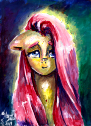 Size: 3051x4224 | Tagged: safe, artist:manny b.garcia, artist:mannybcadavera, character:fluttershy, species:pony, 2019, acrylic painting, bust, colored background, female, floppy ears, full face view, lidded eyes, looking at you, portrait, signature, solo, traditional art