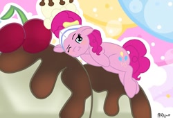 Size: 1000x680 | Tagged: safe, artist:parn, character:pinkie pie, species:pony, cake, female, food, ice cream, smiley face, solo