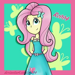 Size: 1500x1500 | Tagged: safe, artist:ro994, character:fluttershy, g4, my little pony: equestria girls, my little pony:equestria girls, 2018, clothing, dress, female, geode of fauna, hands behind back, magical geodes, smiling, solo