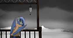Size: 2048x1080 | Tagged: safe, artist:eclipsepenumbra, artist:eclipsethebat, oc, oc:eclipse penumbra, species:anthro, species:bat pony, female, high res, outdoors, snow, snowfall, solo, wind, wind chimes