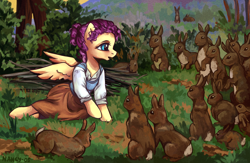 Size: 2000x1300 | Tagged: safe, artist:nancy-05, character:fluttershy, species:anthro, species:pegasus, species:pony, species:rabbit, alternate hairstyle, blouse, blushing, breasts, busty fluttershy, clothing, cute, female, fine art parody, forest, hare, looking at something, mare, open mouth, outdoors, percy harland fisher, ponified, shyabetes, skirt, solo, spread wings, wings