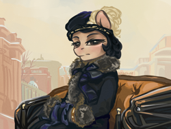 Size: 1938x1461 | Tagged: safe, artist:nancy-05, species:pony, bracelet, bust, carriage, clothing, coat, feathered hat, female, fine art parody, hat, ivan kramskoi, jewelry, lidded eyes, looking at you, mare, muff, outdoors, ponified, portrait, ribbon, sitting, solo, the unknown woman, three quarter view, unknown pony