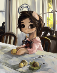 Size: 1395x1800 | Tagged: safe, artist:nancy-05, species:pony, blouse, bow tie, bust, chair, clothing, female, filly, fine art parody, food, girl with peaches, hooves on the table, indoors, interior, knife, leaf, looking at you, peach, ponified, portrait, sitting, solo, table, three quarter view, window