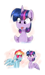 Size: 1034x1711 | Tagged: safe, artist:tylerdashart, character:rainbow dash, character:twilight sparkle, character:twilight sparkle (alicorn), species:alicorn, species:pegasus, species:pony, ship:twidash, blep, cute, female, heart eyes, lesbian, mare, shipping, silly, smiling, tongue out, wingding eyes