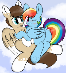 Size: 5865x6536 | Tagged: safe, artist:itsmeelement, character:rainbow dash, oc, oc:skittle, species:pegasus, species:pony, blushing, canon x oc, cloud, cuddling, cute, dock, female, looking back, male, mare, one eye closed, shipping, skidash, stallion, straight, wink