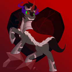 Size: 900x900 | Tagged: safe, artist:enigmadoodles, character:king sombra, species:pony, species:unicorn, crystal heart, hilarious in hindsight in description, male, red background, simple background, solo, sombra eyes, stallion