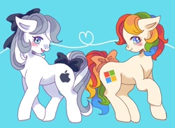 Size: 1300x950 | Tagged: safe, artist:riffa nosuke, artist:tsukuda, oc, oc:apple-chan, oc:microsoft-chan, species:earth pony, species:pony, apple (company), blue background, blue eyes, blushing, bow, ears, facing each other, female, filly, grey hair, hair bow, heart, looking at you, mane bow, multicolored hair, one hoof raised, open mouth, raised hoof, simple background, tail bow, white coat, windows, windows 10, yellow coat