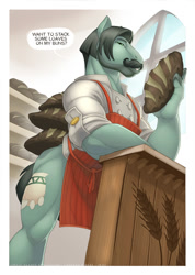Size: 710x1000 | Tagged: safe, artist:loupgarou, character:cracked wheat, species:anthro, species:earth pony, species:pony, ancient pony grain bread, apron, bakery, clothing, counter, facial hair, flirting, male, moustache, muscles, no pants, solo