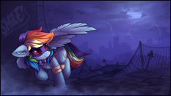 Size: 1600x900 | Tagged: safe, artist:breakdream, character:rainbow dash, species:pegasus, species:pony, bandage, blep, city, female, fence, full moon, mare, moon, night, running, silly, solo, tongue out, visor