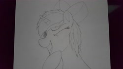 Size: 5312x2988 | Tagged: safe, artist:straighttothepointstudio, oc, oc only, species:pony, black and white, bow, bust, drawing, grayscale, messy mane, monochrome, one eye closed, portrait, solo, traditional art, wink