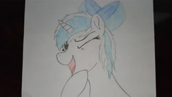 Size: 5312x2988 | Tagged: safe, artist:straighttothepointstudio, oc, oc only, species:pony, species:unicorn, bow, bust, colored, hair bow, happy, messy mane, one eye closed, portrait, solo, traditional art, wink