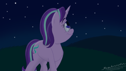 Size: 1536x864 | Tagged: safe, artist:megaanimationfan, character:starlight glimmer, species:pony, species:unicorn, blue eyes, cute, cutie mark, eyebrows, female, field, glimmerbetes, horn, looking up, mare, night, signature, starlight glimmer day, starry night, stars, strolling