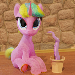 Size: 1920x1920 | Tagged: safe, artist:gabe2252, oc, oc:constant time, species:pony, species:unicorn, 3d, blender, cycles, eyelashes, horseshoes, multicolored hair, pot, sitting, tentacles